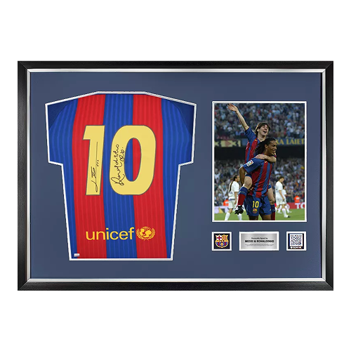 Lionel Messi and Ronaldinho Official FC Barcelona Back Signed and Framed 2016-17
