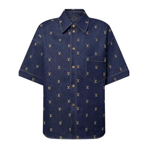 Embroidered Signature Short-Sleeved Denim Shirt