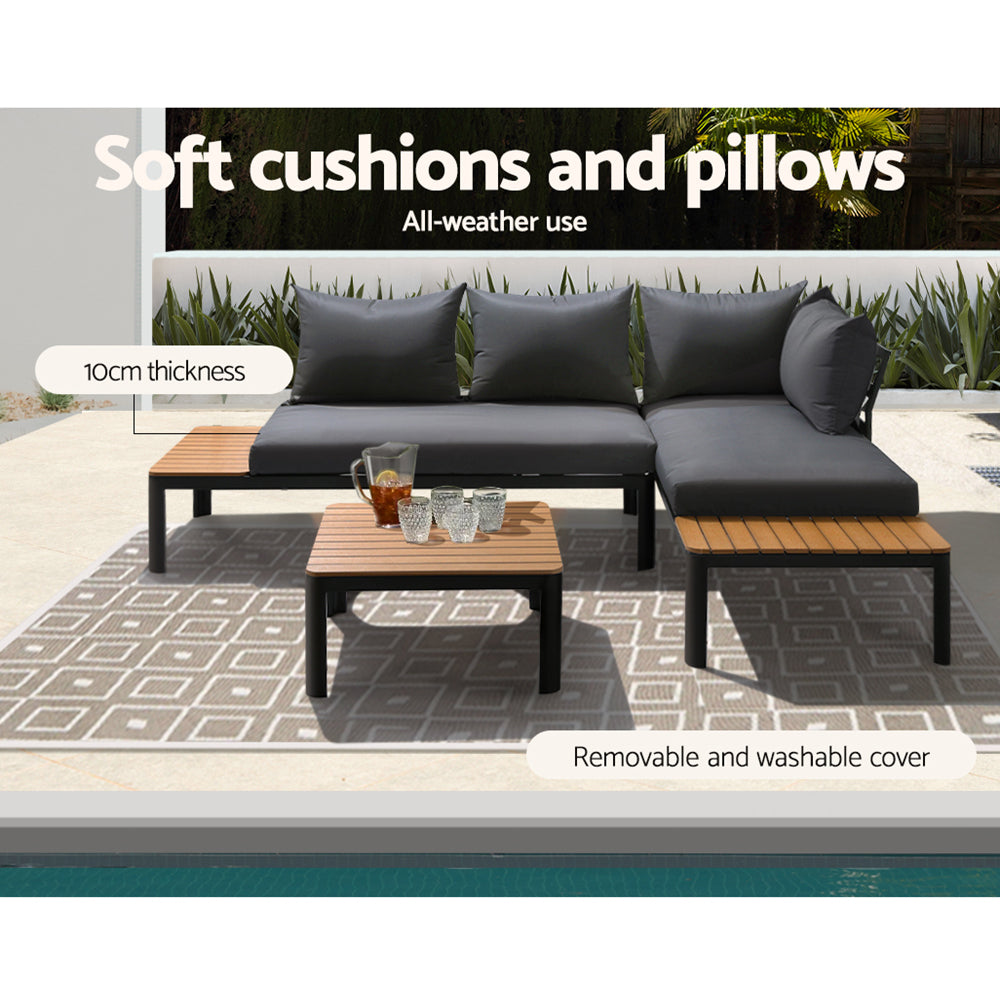 Gardeon Outdoor Sofa Set 4 Seater Corner Modular Lounge Setting Aluminium Black