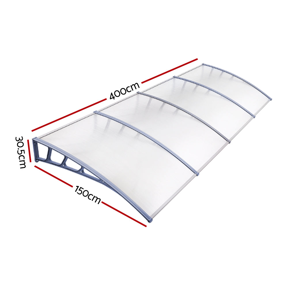 Instahut Window Door Awning Canopy 1.5mx4m Transparent Sheet Grey Plastic Frame