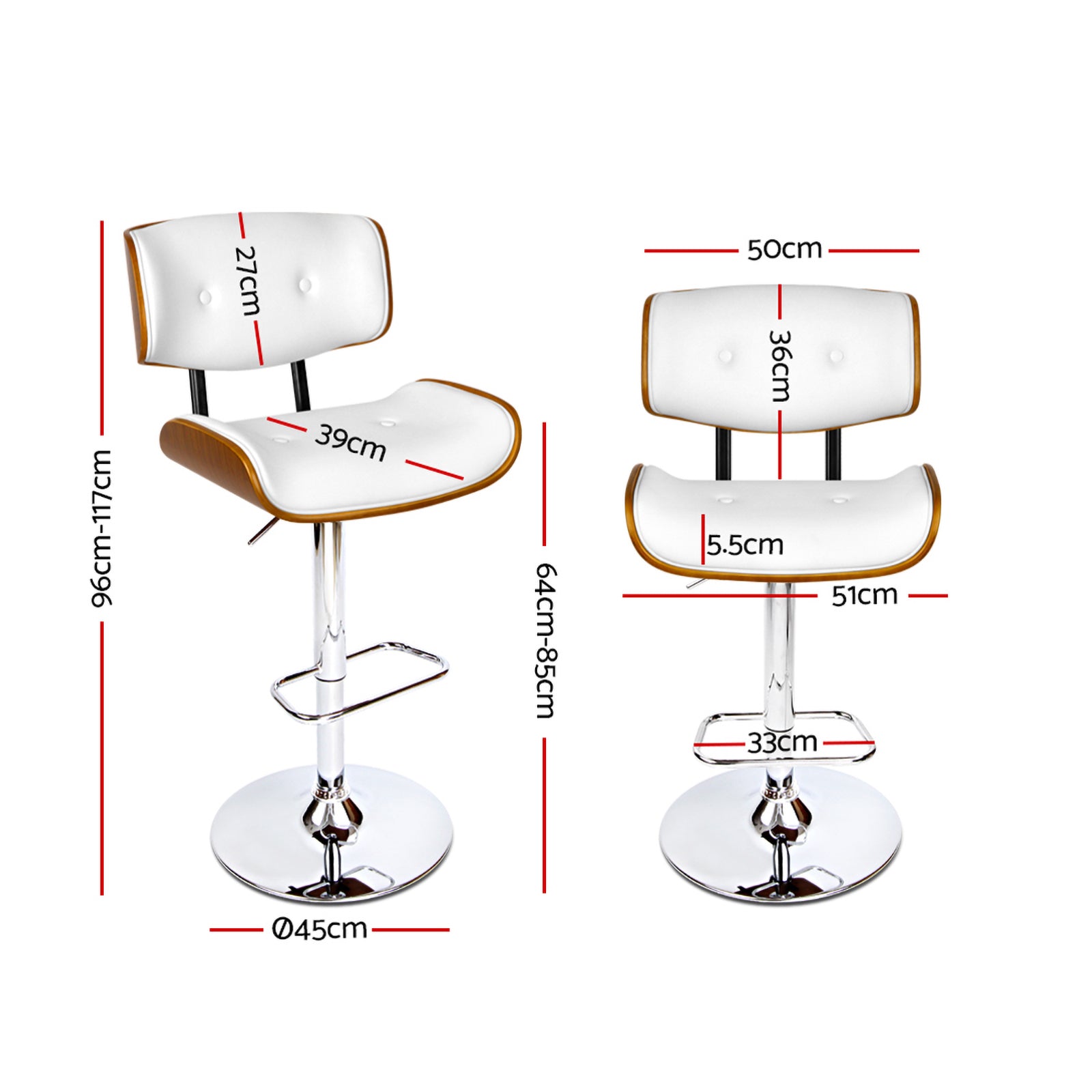 Artiss 2x Bar Stools Gas Lift Leather White