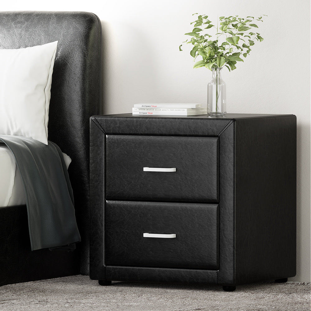 Artiss Bedside Table 2 Drawers Leather - CADEN Black