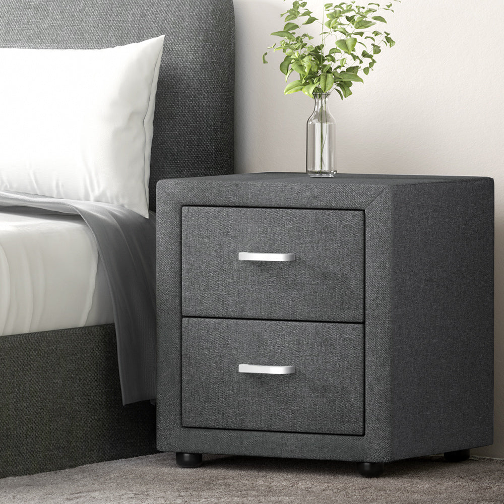 Artiss Bedside Table 2 Drawers Fabric - CADEN Grey