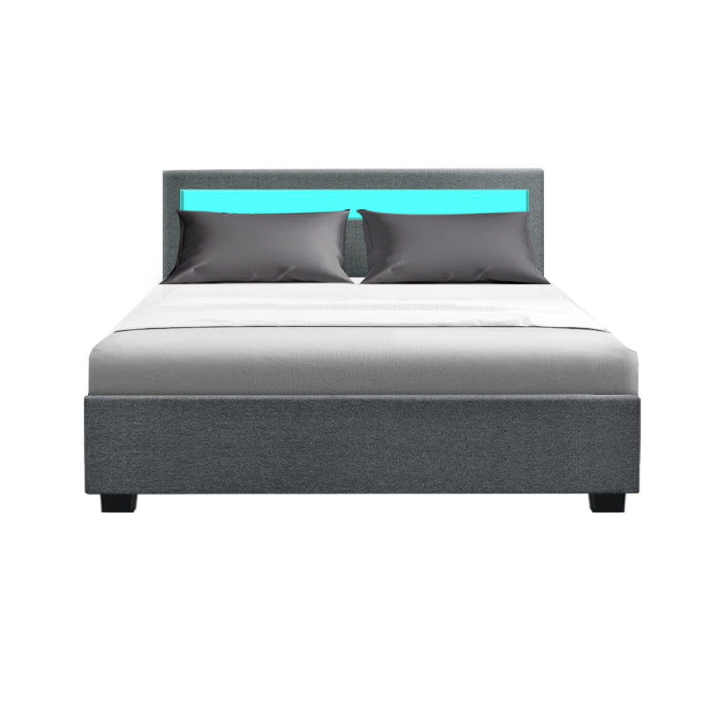 Artiss Bed Frame Double Size LED Gas Lift Grey COLE
