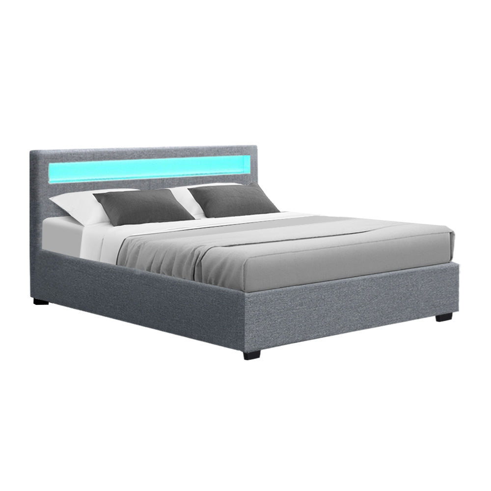 Artiss Bed Frame Queen Size LED Gas Lift Grey COLE