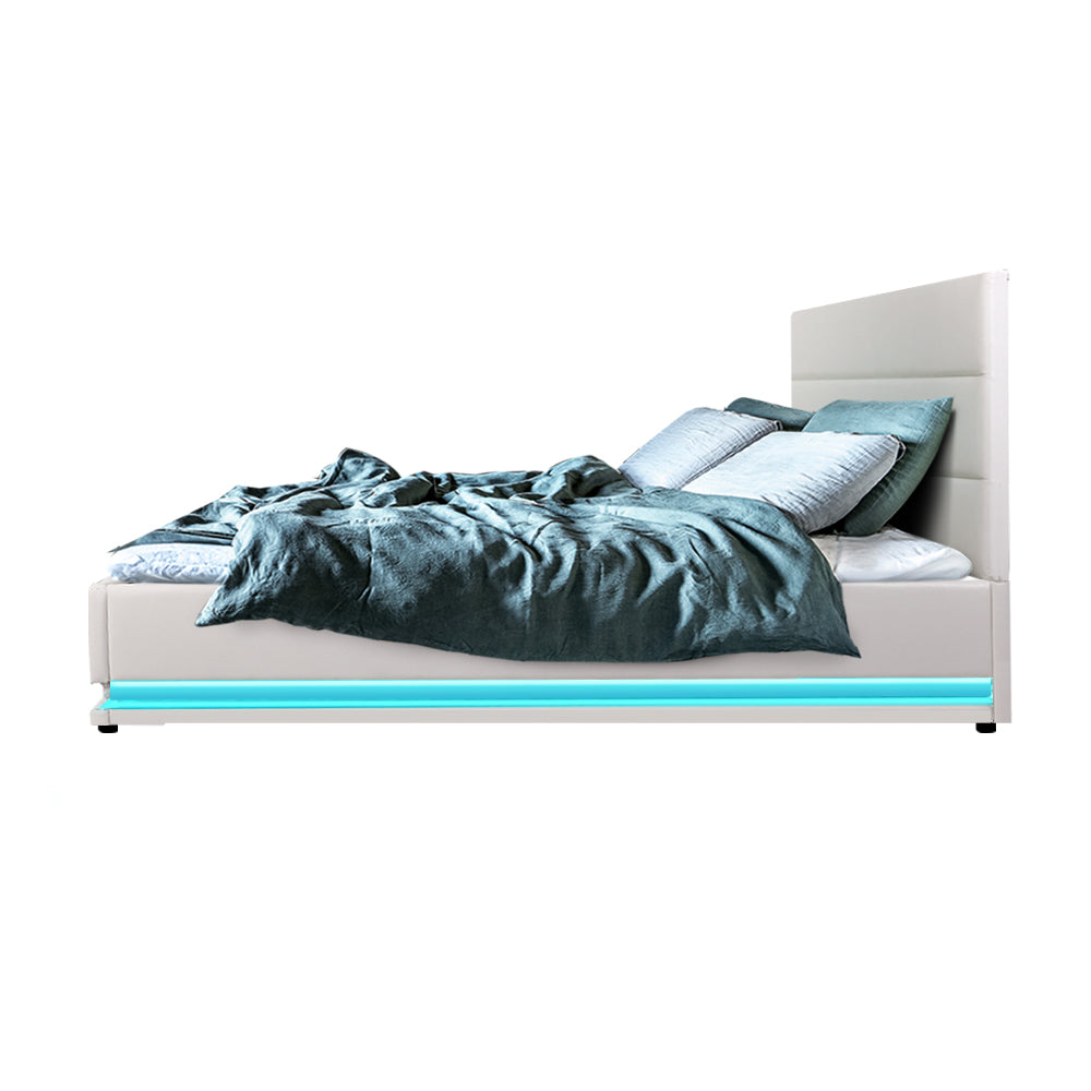 Artiss Bed Frame Double Size LED Gas Lift White LUMI