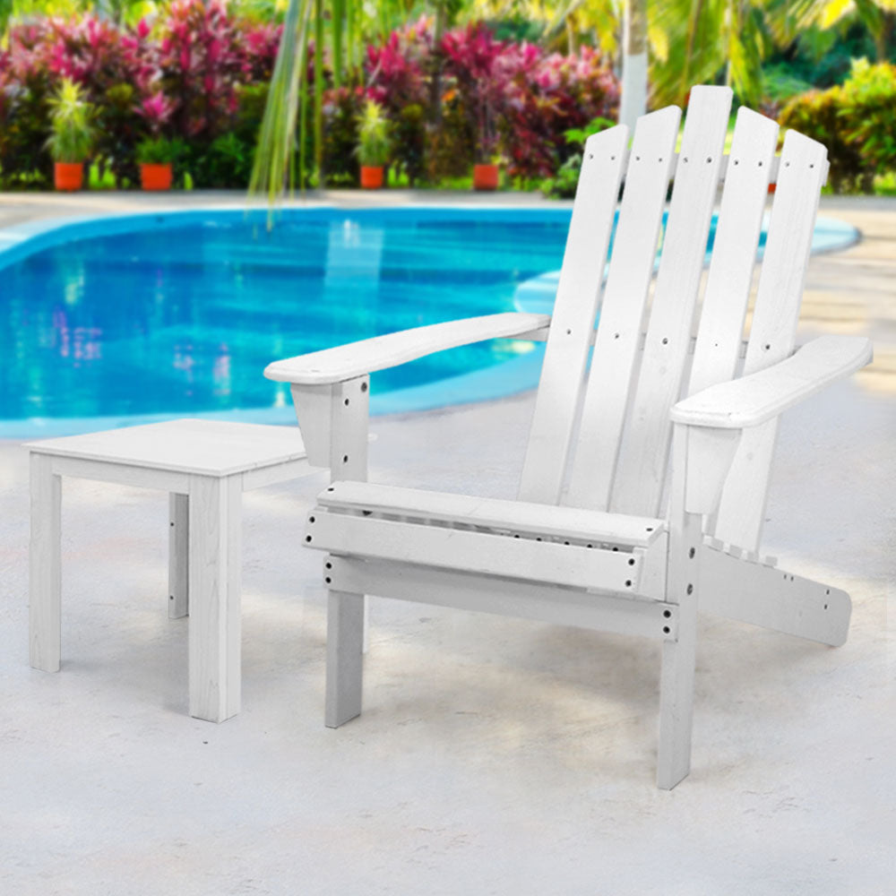 Gardeon 2PC Adirondack Outdoor Table and Chair Wooden Beach Chair Patio Furniture White