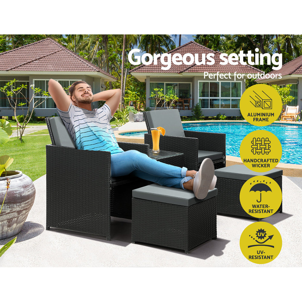 Gardeon 5PC Bistro Set Wicker Table and Chairs?Ottoman Outdoor Furniture