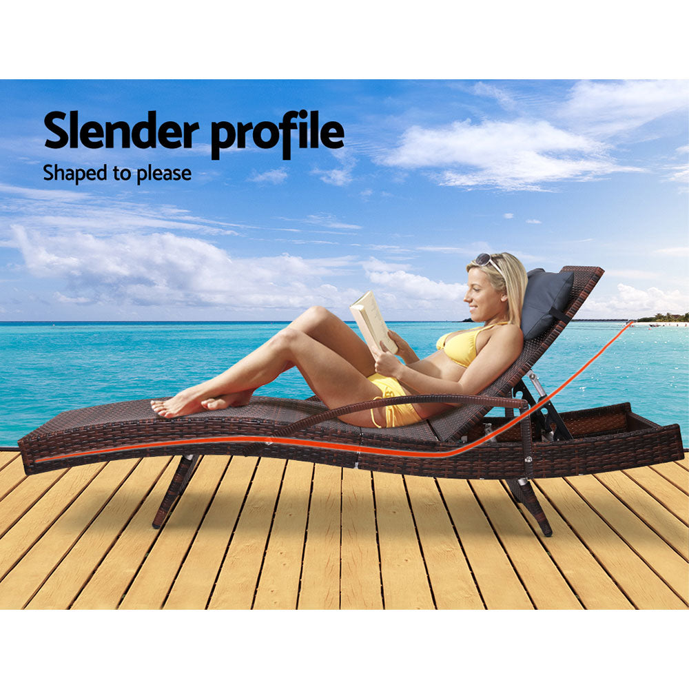 Gardeon Sun Lounge Wicker Lounger Outdoor Furniture Beach Chair Armrest Adjustable Brown