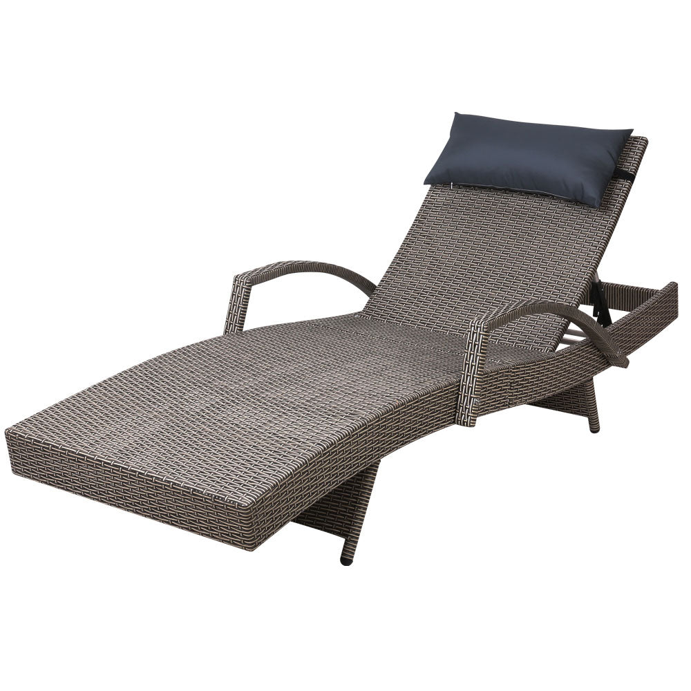 Gardeon Sun Lounge Wicker Lounger Outdoor Furniture Beach Armchair Adjustable Grey&Beige