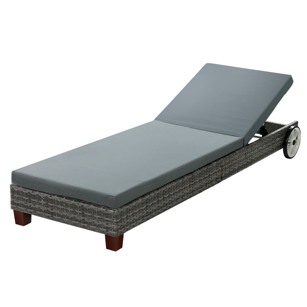 Gardeon Sun Lounge Wicker Lounger Outdoor Furniture Day Bed Wheels Patio Grey