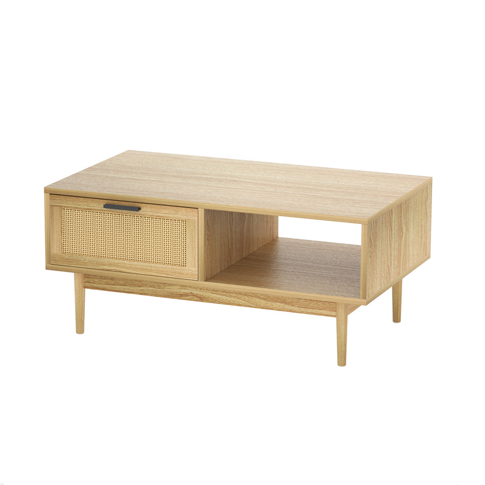 Artiss Rattan Coffee Table with Storage Drawers Shelf Modern Wooden Tables