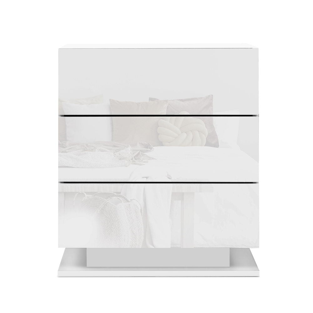 Artiss Bedside Table LED 3 Drawers - MORI White