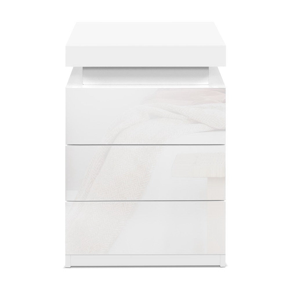 Artiss Bedside Table LED 3 Drawers - COLEY White