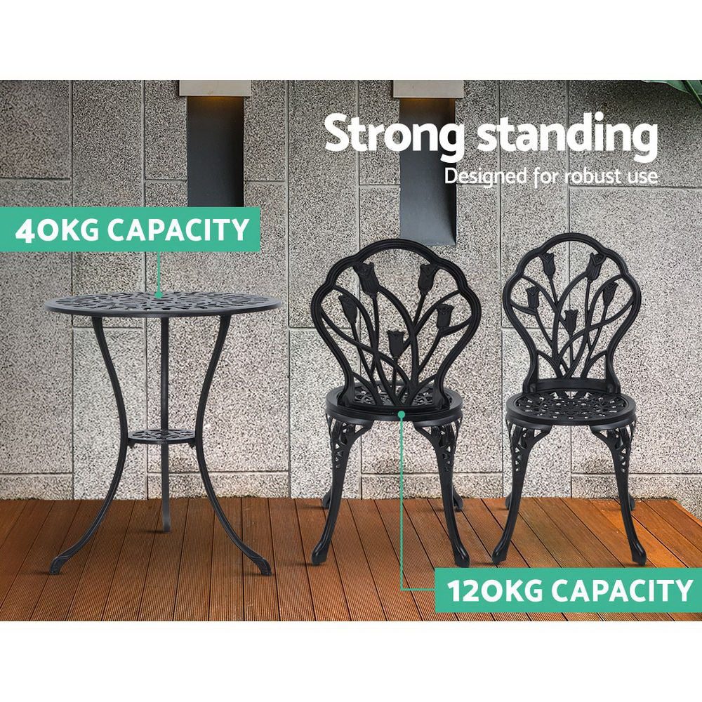 Gardeon 3PC Outdoor Setting Bistro Set Chairs Table Cast Aluminum Patio Furniture Tulip Black