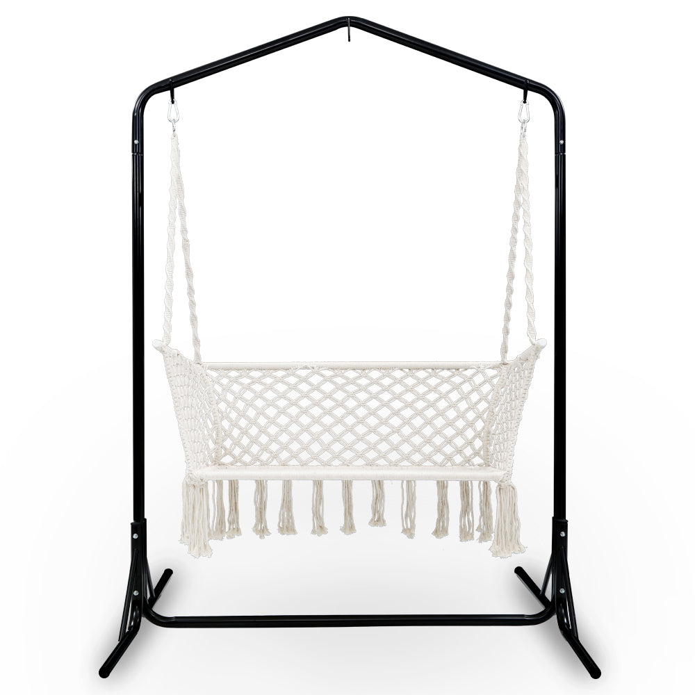Gardeon Hammock Chair with Stand Macrame Outdoor Garden 2 Seater Cream