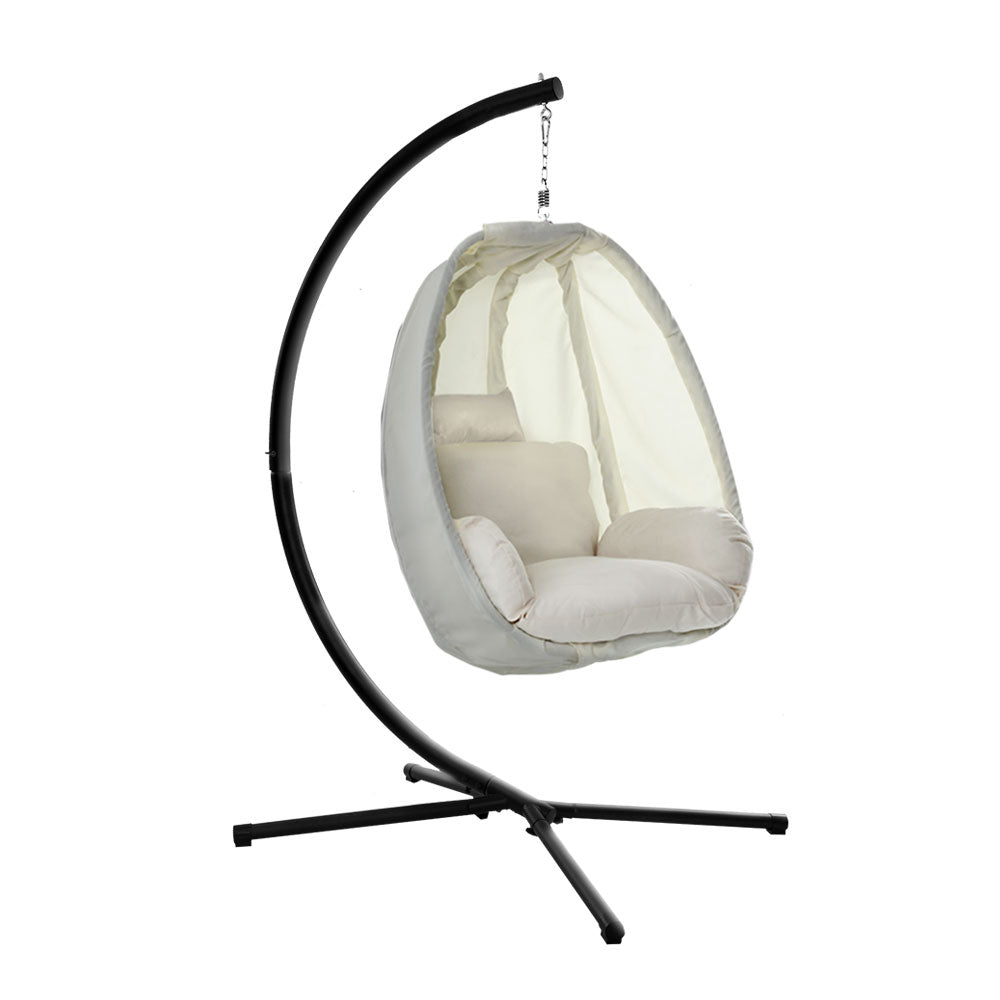 Gardeon Outdoor Egg Swing Chair Patio Furniture Pod Stand Canopy Foldable Cream