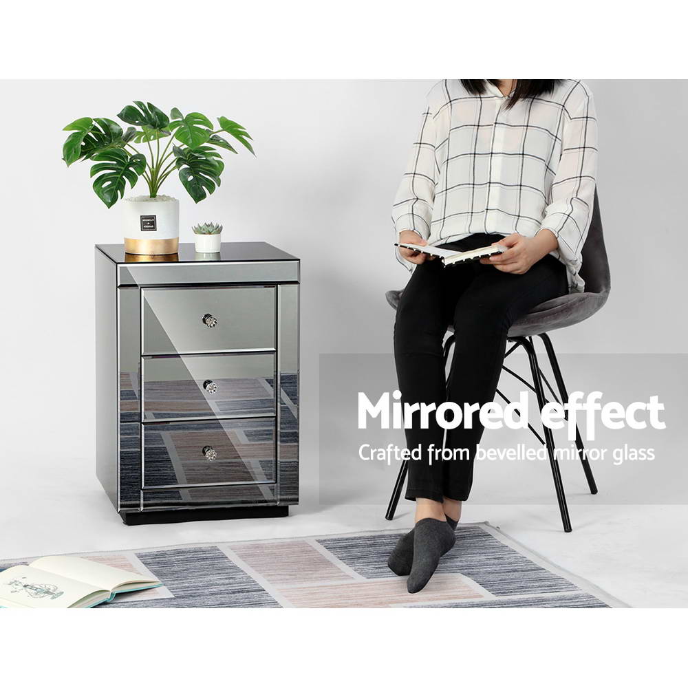 Artiss Bedside Table 3 Drawers Mirrored - PRESIA Grey