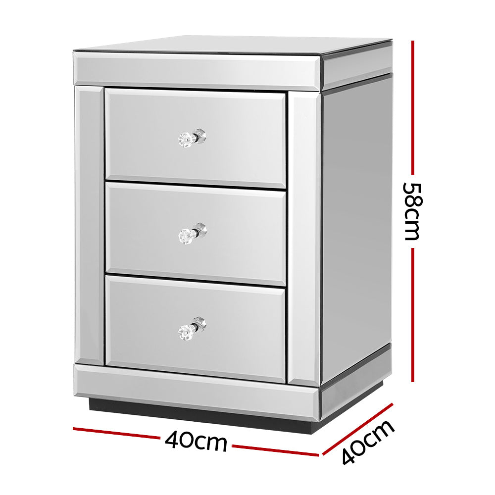 Artiss Bedside Table 3 Drawers Mirrored - PRESIA Silver