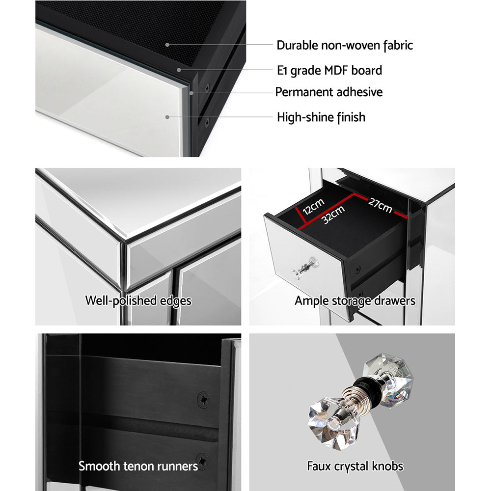 Artiss Bedside Table 3 Drawers Mirrored - PRESIA Silver