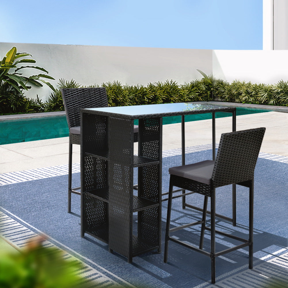 Gardeon 3-Piece Outdoor Bar Set Patio Dining Chairs Wicker Table Stools