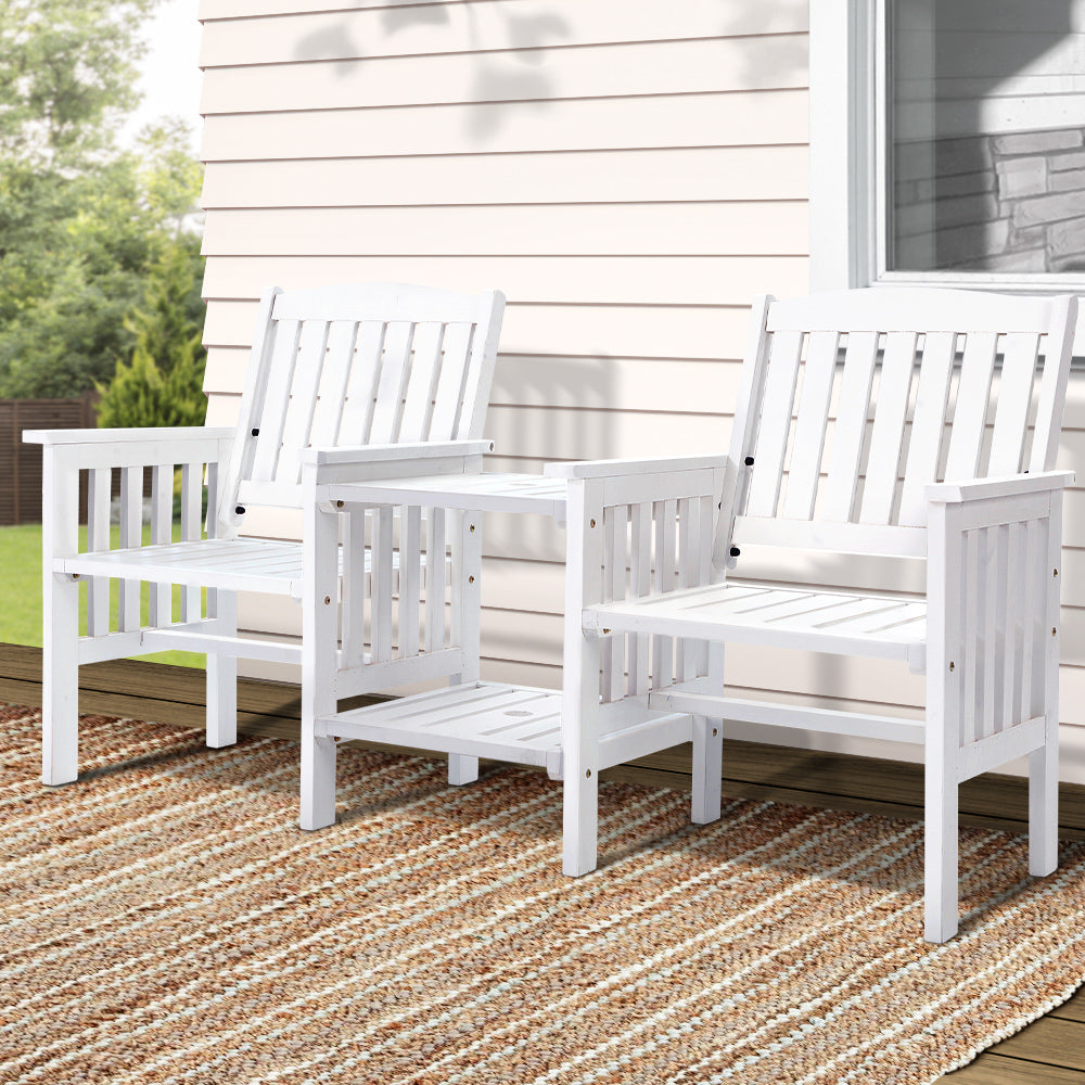 Gardeon Outdoor Garden Bench Loveseat Wooden Table Chairs Patio Furniture White