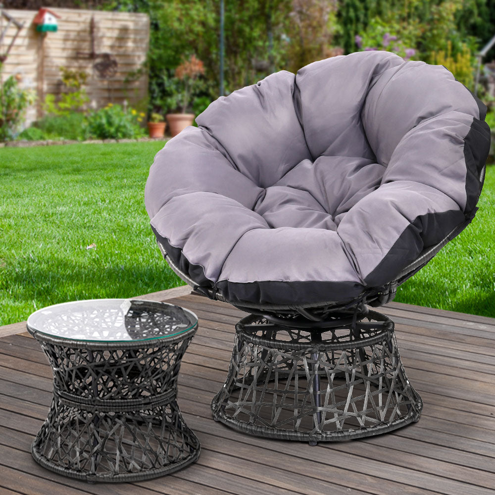 Gardeon Outdoor Lounge Setting Papasan Chair Wicker Table Garden Furniture Black