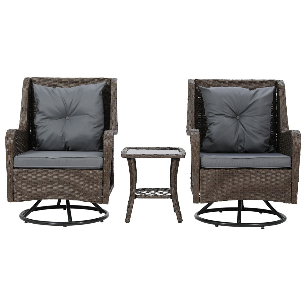 Gardeon 3PC Outdoor Furniture Bistro Set Lounge Wicker Swivel Chairs Table Cushion Black