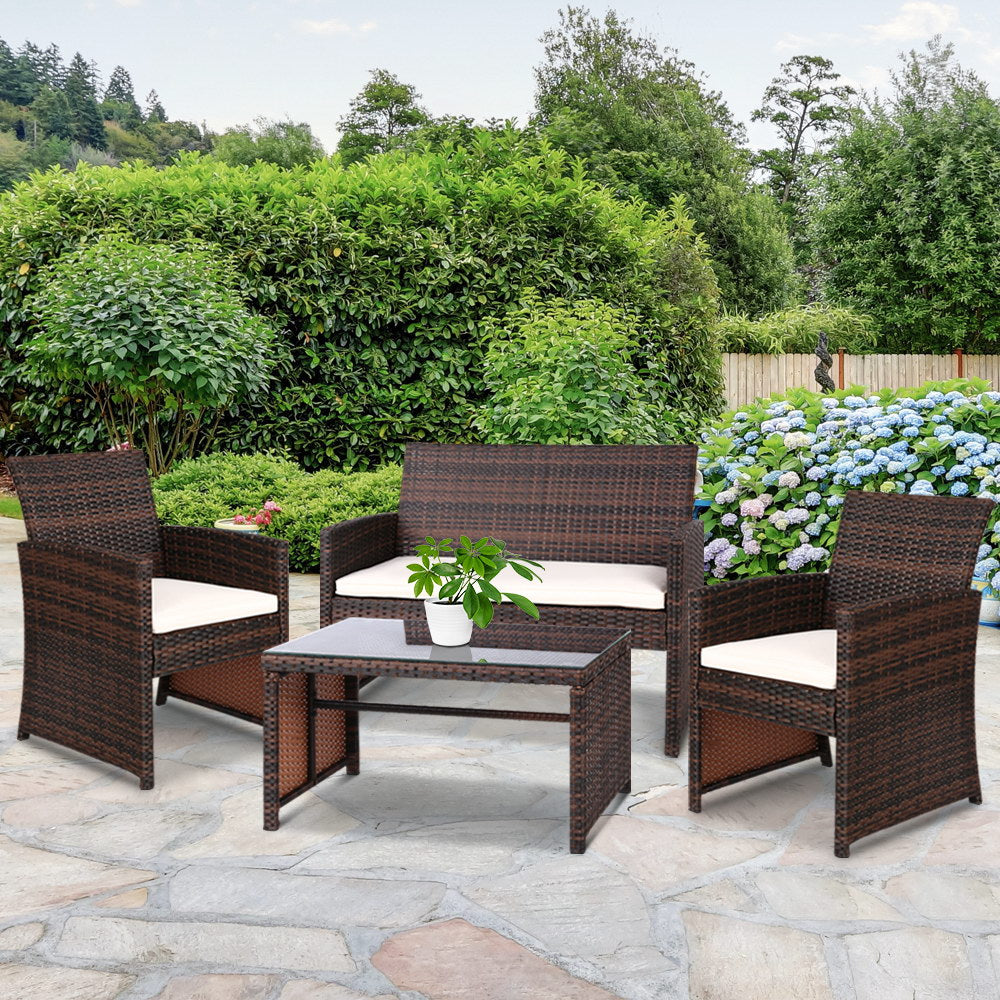 Gardeon 4 PCS Outdoor Lounge Setting Wicker Sofa Set Garden Furniture Brown
