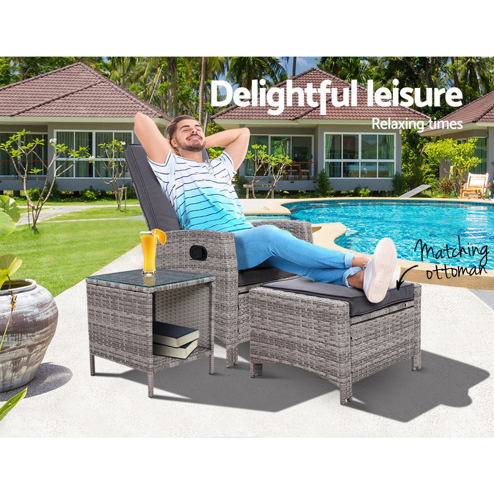 Gardeon 3PC Recliner Chairs Table Sun lounge Wicker Outdoor Furniture Adjustable Grey