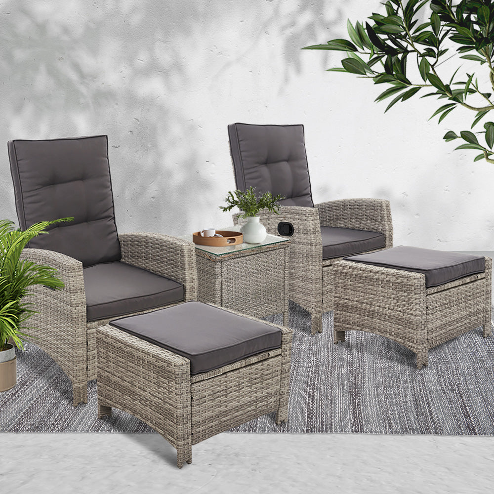 Gardeon 5PC Recliner Chairs Table Sun lounge Wicker Outdoor Furniture Adjustable Grey