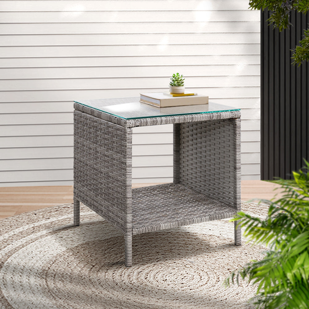Gardeon Coffee Side Table Wicker Desk Rattan Outdoor Furniture Garden Grey