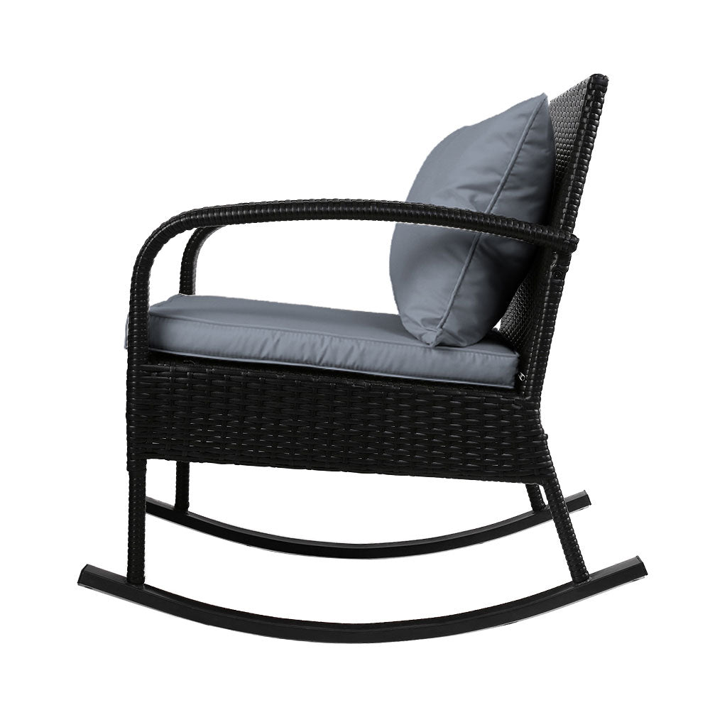 Gardeon 3PC Rocking Chair Table Wicker Outdoor Furniture Patio Bistro Set Black