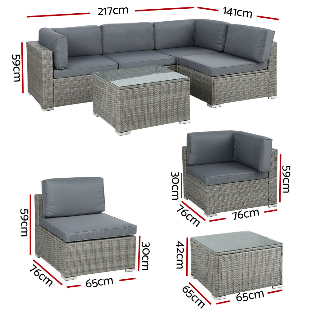 Gardeon 5-Piece Outdoor Sofa Set Wicker Couch Lounge Setting 4 Seater Grey