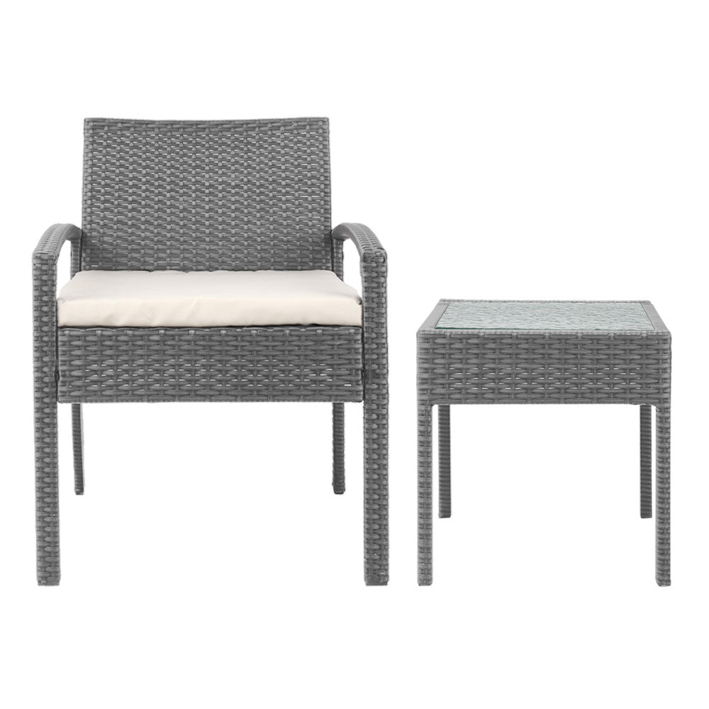 Gardeon 3PC Patio Furniture Bistro Set Wicker Outdoor Lounge Setting Grey