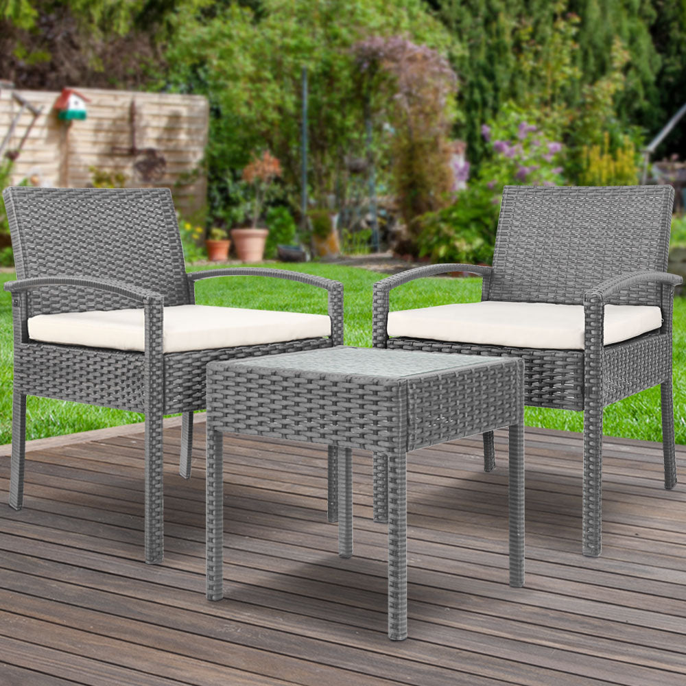 Gardeon 3PC Patio Furniture Bistro Set Wicker Outdoor Lounge Setting Grey