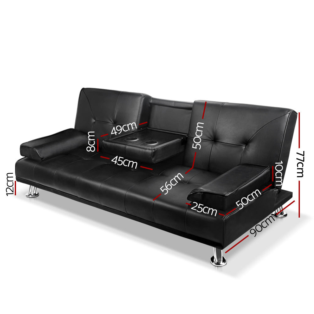 Artiss Sofa Bed 188CM Black PU Leather