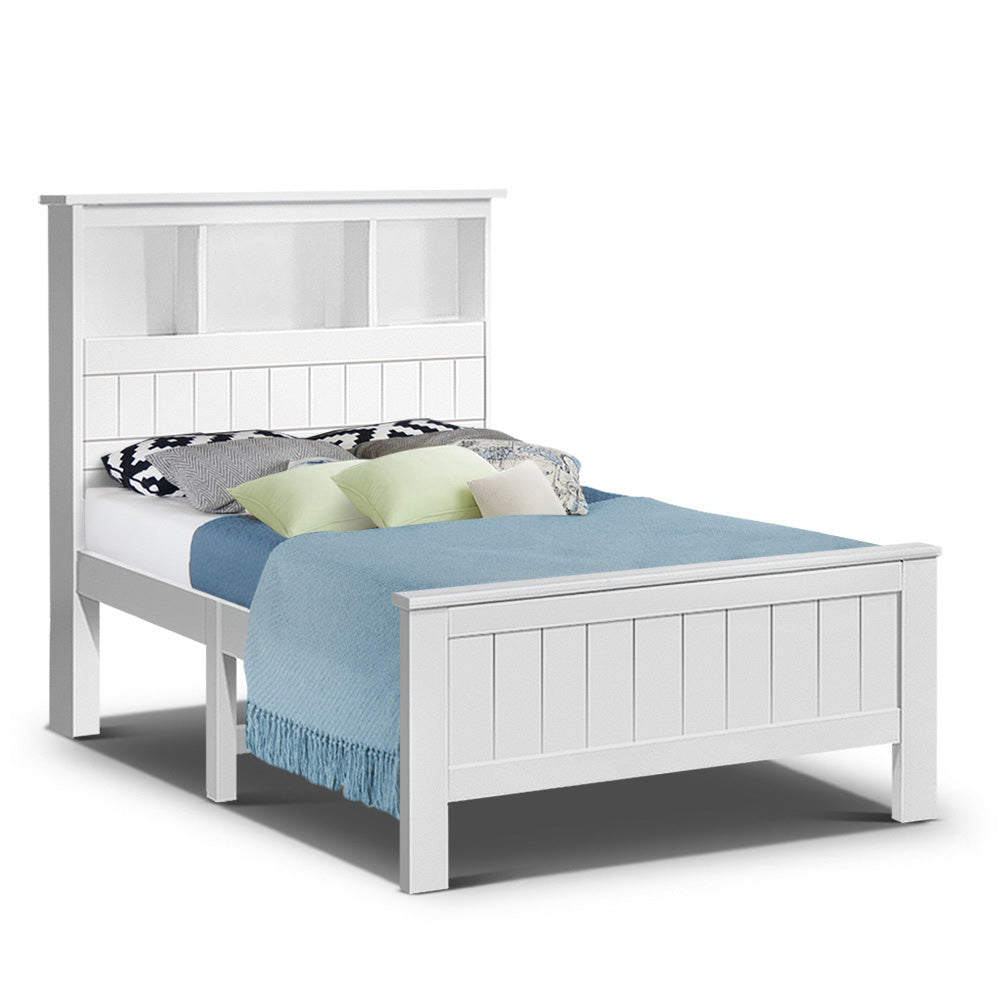 Artiss Bed Frame Single Size Wooden with 3 Shelves Bed Head White