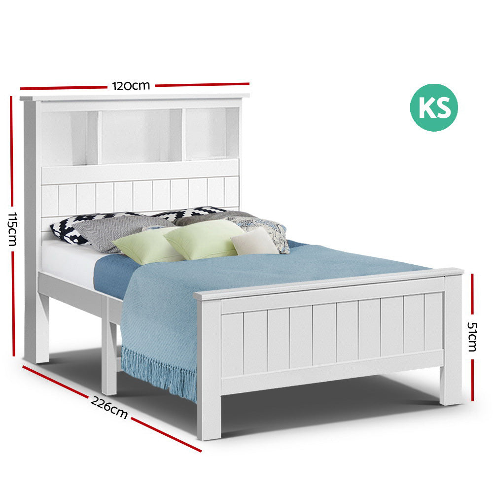 Artiss Bed Frame Single Size Wooden with 3 Shelves Bed Head White